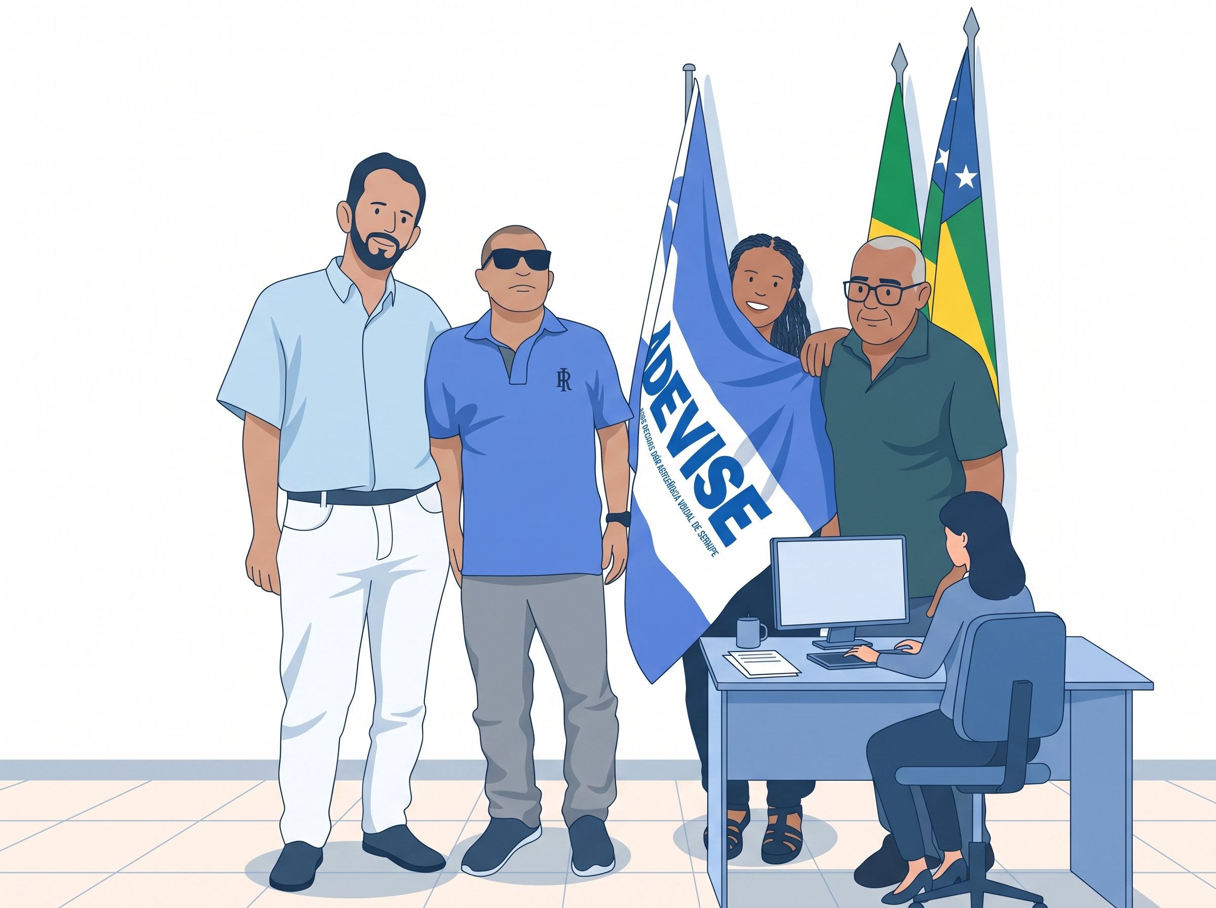 Membros da ADEVISE reunidos: pessoas com deficiência visual ao lado de apoiadores, com a bandeira da ADEVISE e a bandeira do Brasil ao fundo, representando cidadania e inclusão em Sergipe.